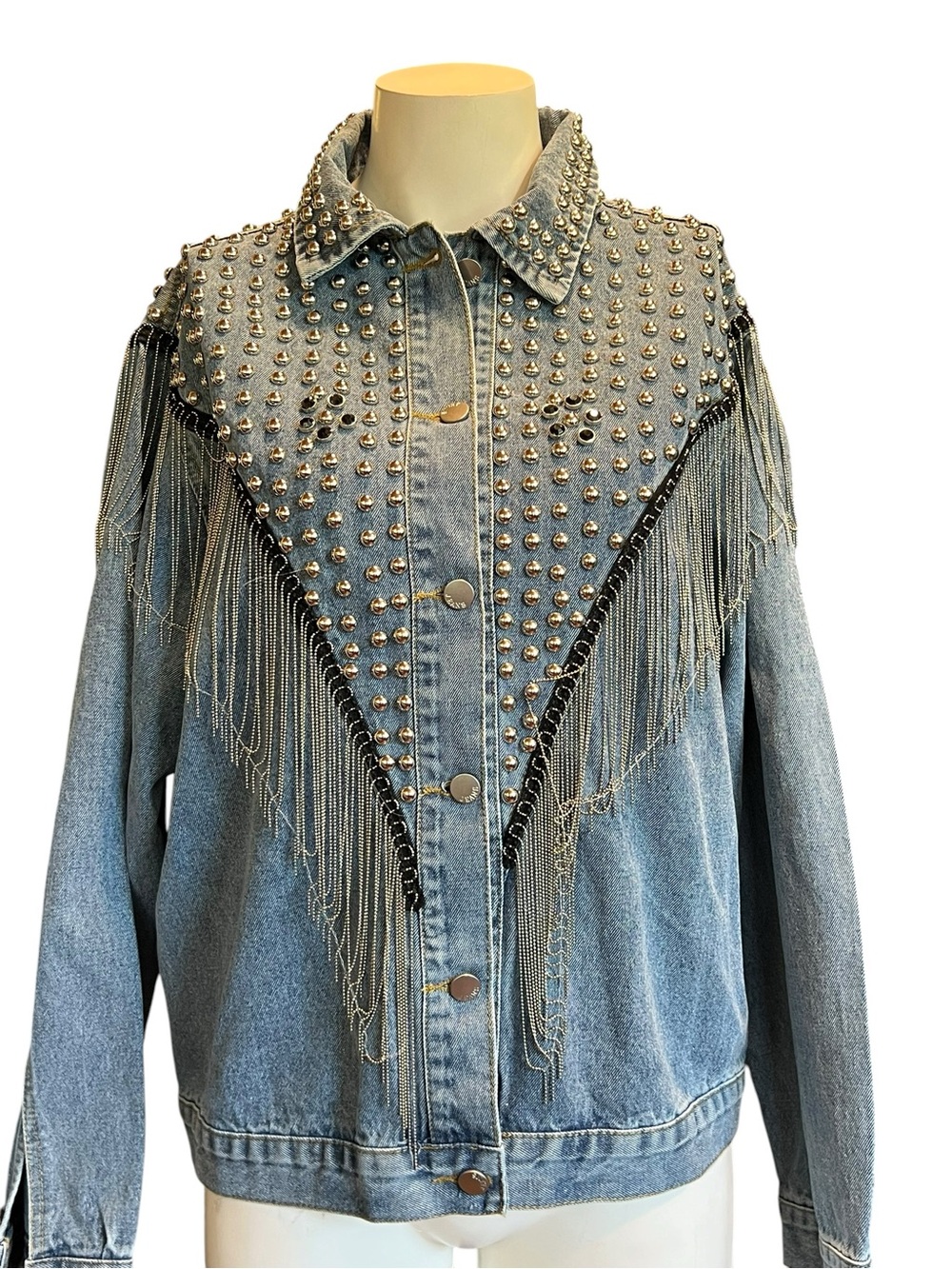 Men's blue light-wash denim jacket embellished with beautiful Rhinestones.